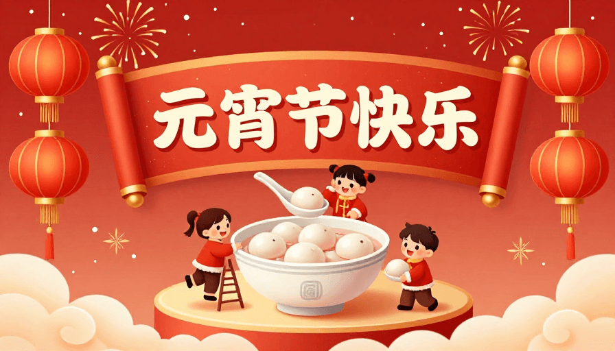民俗风情素材：红金中国风元宵海报：汤圆童趣团圆欢腾