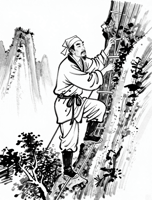 历史人物插画素材：明代徐霞客黑白速写：绝壁攀爬的探索者