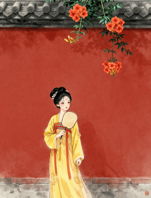 团扇元素素材：红墙墨韵：古风少女团扇回眸