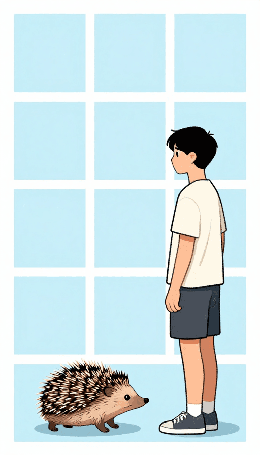 可爱元素素材：男生与小刺猬对视的淡蓝色宫格插画