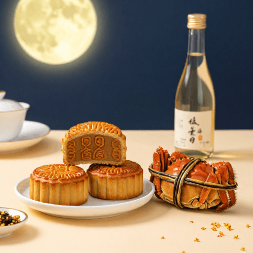 中秋三件套素材：中秋团圆盛宴：月饼、大闸蟹与桂花酒