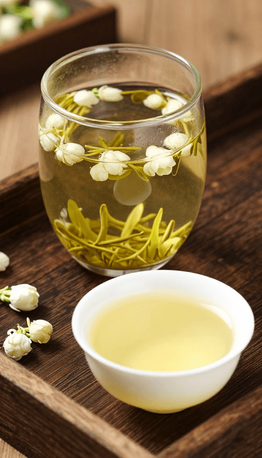 木质托盘素材：清新茉莉花茶实拍，展现中式茶韵与精致美感