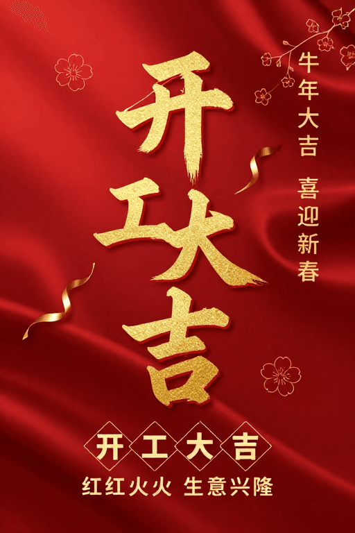 开工大吉素材：红色金箔书法开工大吉春节商业祝福海报
