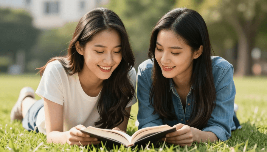 生活场景素材：午后共读时光：两位闺蜜在绿意中的温暖瞬间