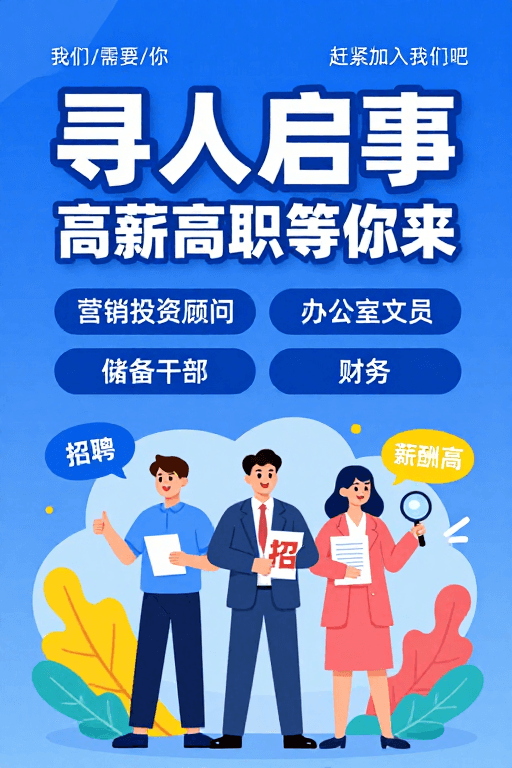 商务插画素材：高薪诚聘·蓝色渐变商务招人启事