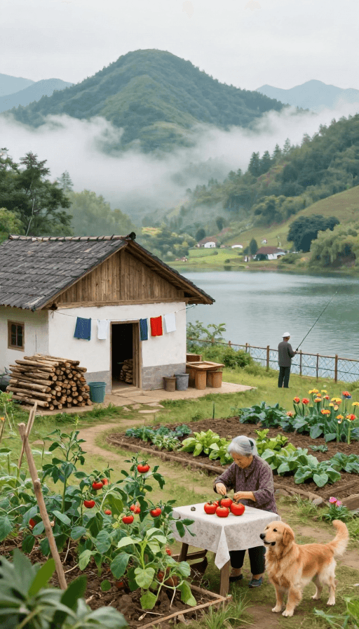 家庭温馨素材：静谧乡村：老夫妇与田园生活的温馨瞬间