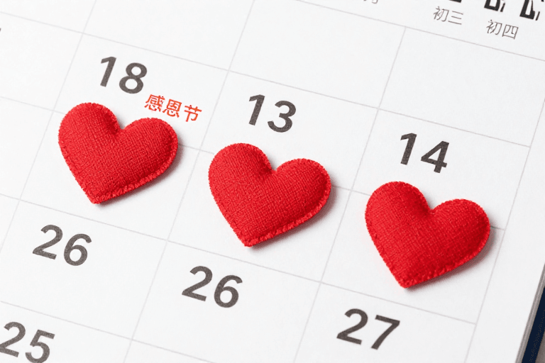 红色心形素材：感恩节日历：红色心饰点缀的温馨日常