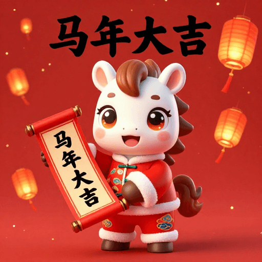 中国风新年素材：喜庆马年：金色灯笼衬托的3D卡通小马插画