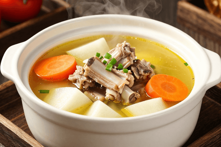 浅景深构图素材：热气腾腾的排骨萝卜汤，暖光呈现诱人美食细节