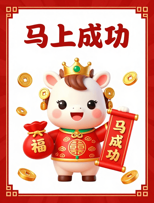 生肖插画素材：喜庆生肖卡通小马·马上成功新年主题