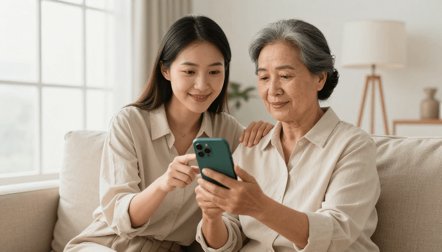 亚洲双代素材：温馨双代同堂：现代客厅里的亲情时光