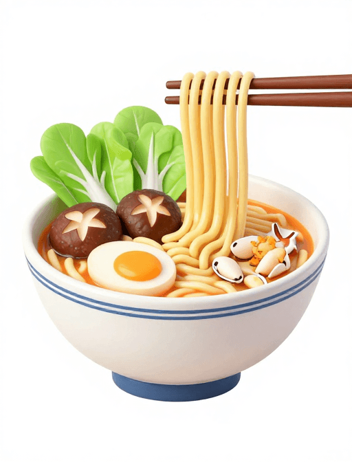 蔬菜素材：3D手绘日式拉面：鲜香海鲜与蔬菜的美味盛宴