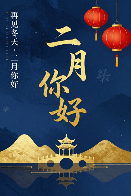 山水剪影素材：金红冬雪山水新中式二月你好海报
