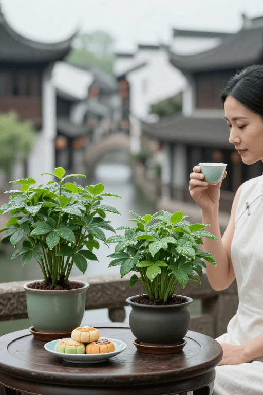 中式美学素材：江南茶韵：绿意与糕点的静谧时光