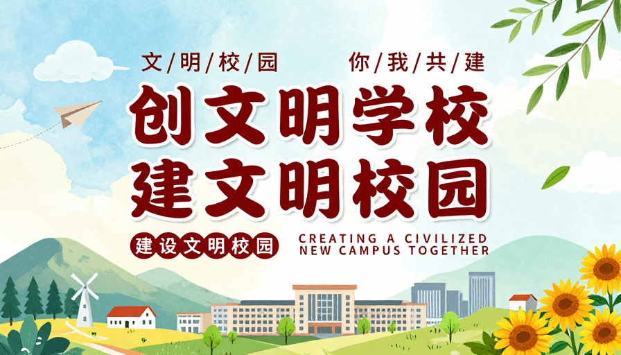 清新插画素材：清新插画风公益海报：创建文明校园共建美好家园