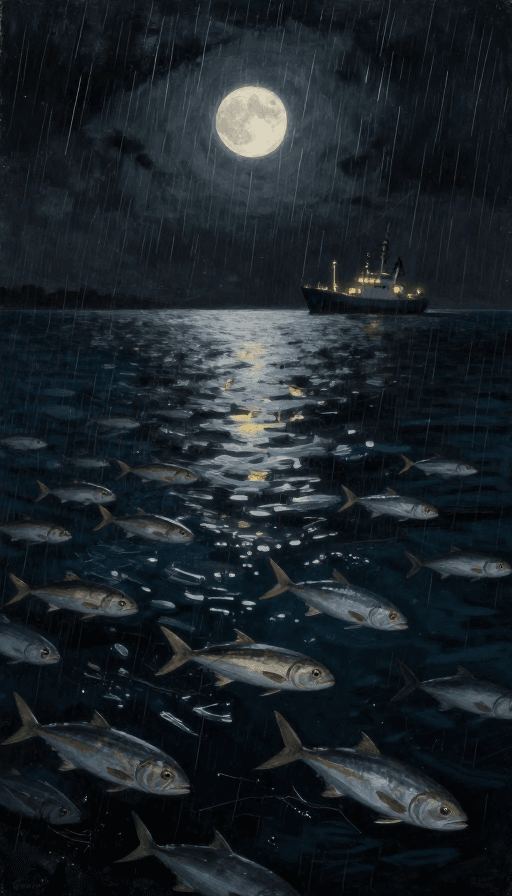 海洋生物素材：月光鱼跃：暴雨后海面的幽蓝梦境（油画风格）