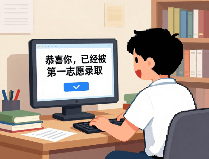 录取通知书素材：像素风插画：黑发学子桌前喜报频传