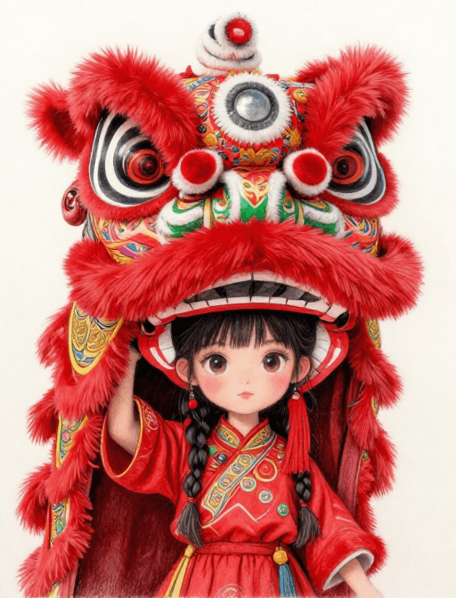 艺术展示素材：非遗璀璨：红色醒狮少女彩铅手绘图
