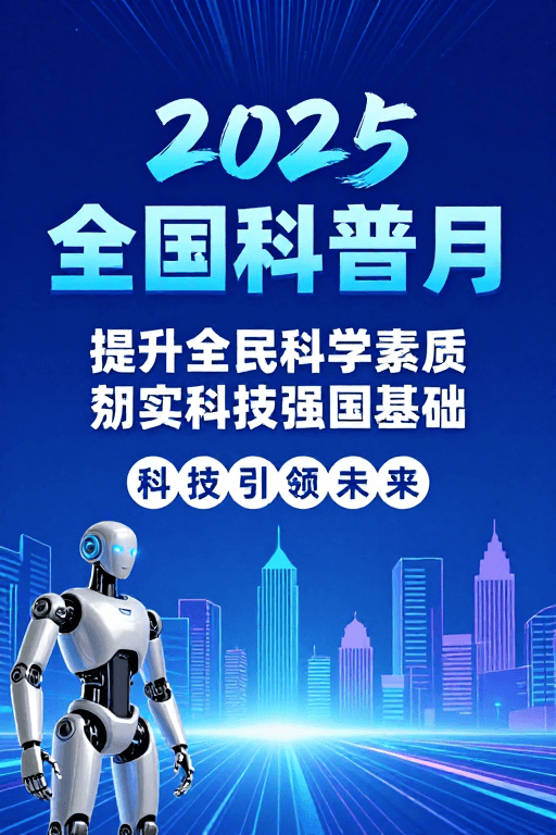 城市天际线素材：2025全国科普月：深蓝科技风未来海报设计