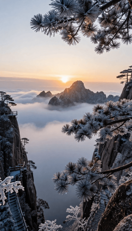 金色光芒素材：黄山冬日出：冰封云海与金辉交织的自然奇观