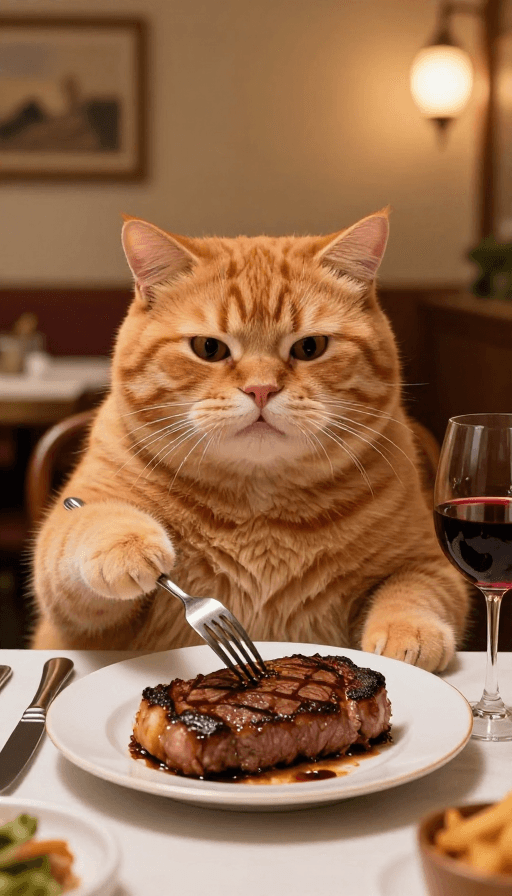 幸福氛围素材：胖橘猫享受美味牛排的温馨瞬间