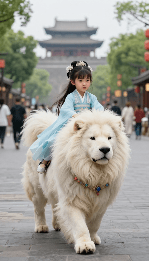 古风萝莉素材：古风萌宝骑巨犬闯繁华古城