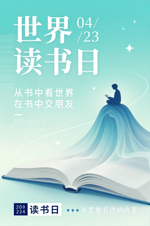 蓝绿色渐变素材：世界读书日：书香与科技交织的梦幻意境
