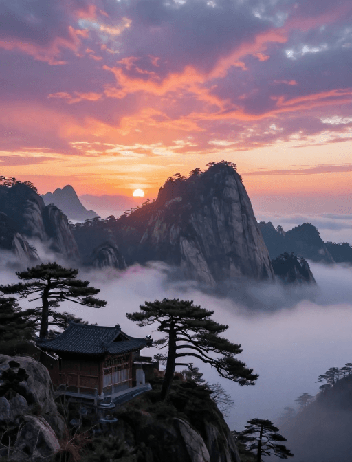 传统建筑素材：旭日破晓彩霞漫山传统建筑水墨意境
