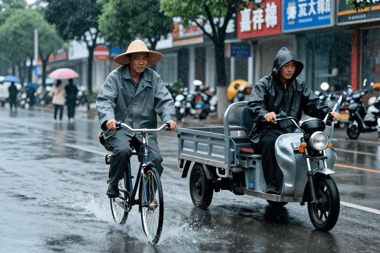 阴天氛围素材：雨中骑行：中年男子涉水前行，城市冷调纪实