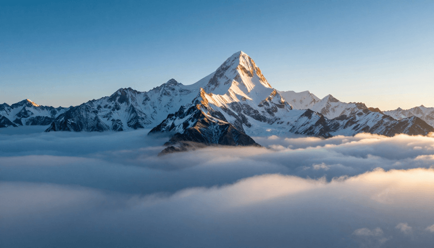 旅游海报素材：雪峰之巅：晨曦金辉与云海交织的壮丽瞬间