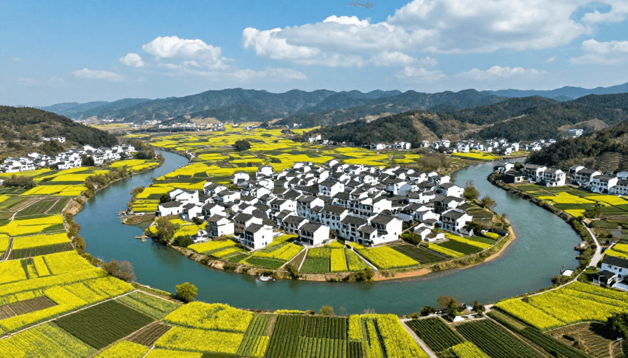 白墙黛瓦素材：碧流穿田，青瓦错落：江南田园光影画卷