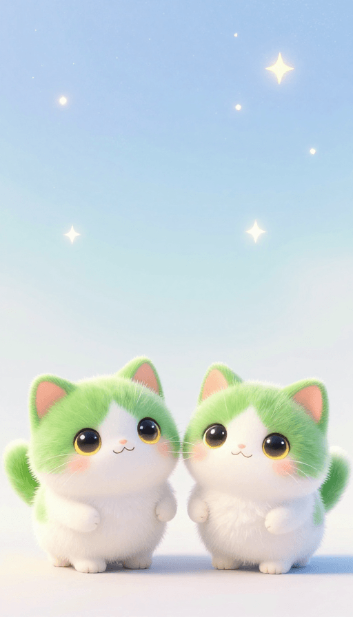 水粉插画素材：治愈系双奶猫：星汉柔光下的温柔眼眸