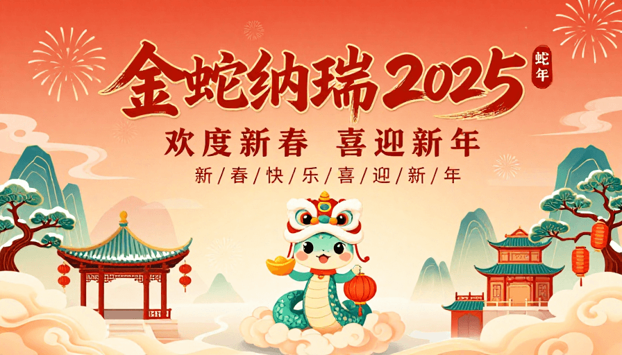 数字媒体素材素材：金蛇纳瑞2025春节海报，传统中国风插画设计