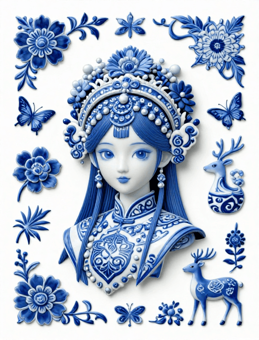 艺术展示素材：青花瓷韵：3D少女与吉祥图案的华丽融合
