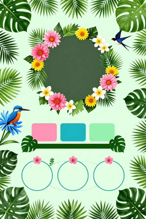 几何元素素材：清新热带植物插画背景，生机盎然设计