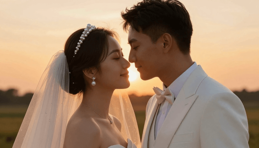 深情对视素材：亚洲新人日落深情对视婚纱礼服金辉婚礼