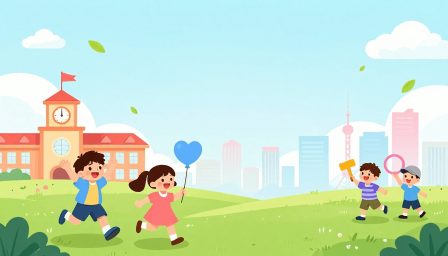 城市背景素材：儿童节扁平插画：清新夏日校园欢乐场景