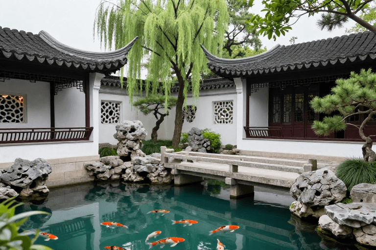 江南园林素材：江南古典园林实景摄影：白墙黛瓦与锦鲤共舞