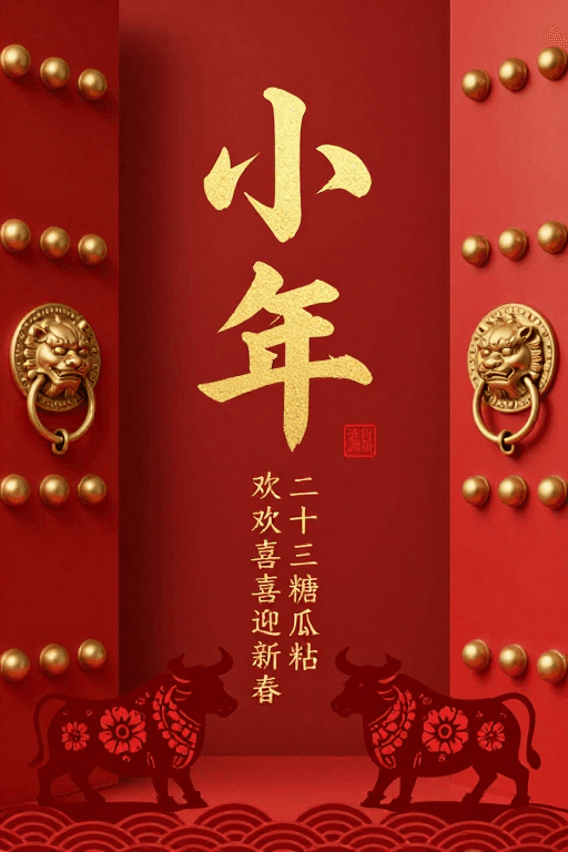 金色立体字素材：金红双耀·传统宫门小年喜庆海报