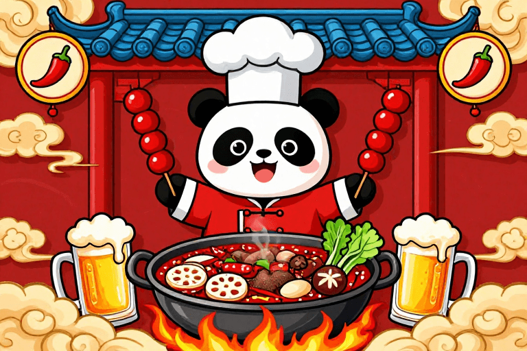 麻辣火锅素材：国潮风熊猫厨师手绘美食插画