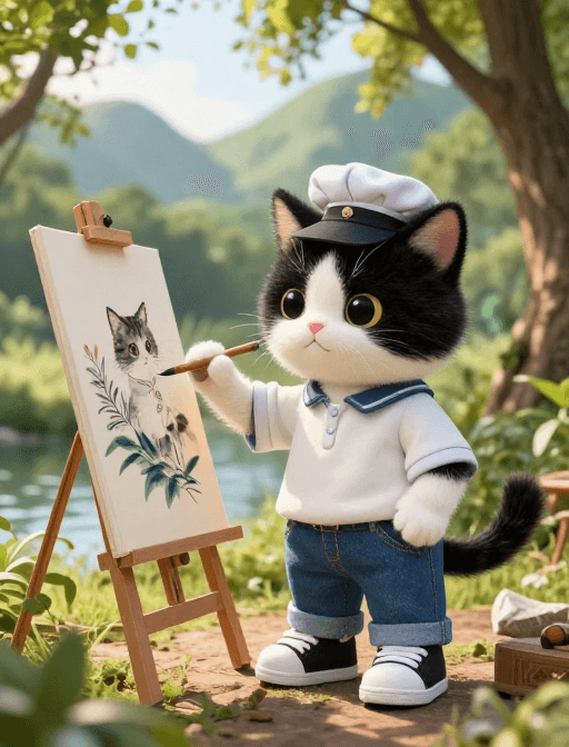 阳光光影素材：萌趣奶牛猫国画写生：阳光树林里的宁静创作时光