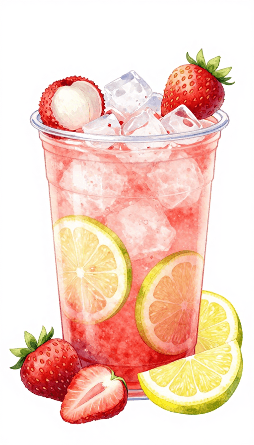 夏日清凉素材：夏日清凉水彩冰饮插画：荔枝草莓柠檬