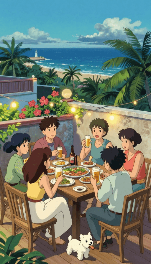美食啤酒氛围素材：宫崎骏风海南夏夜：海边露台欢聚时刻