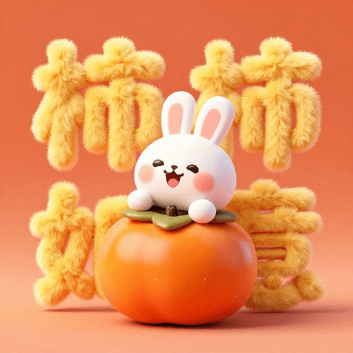 春节背景素材：Q版萌兔枕柿迎新岁 C4D吉祥插画
