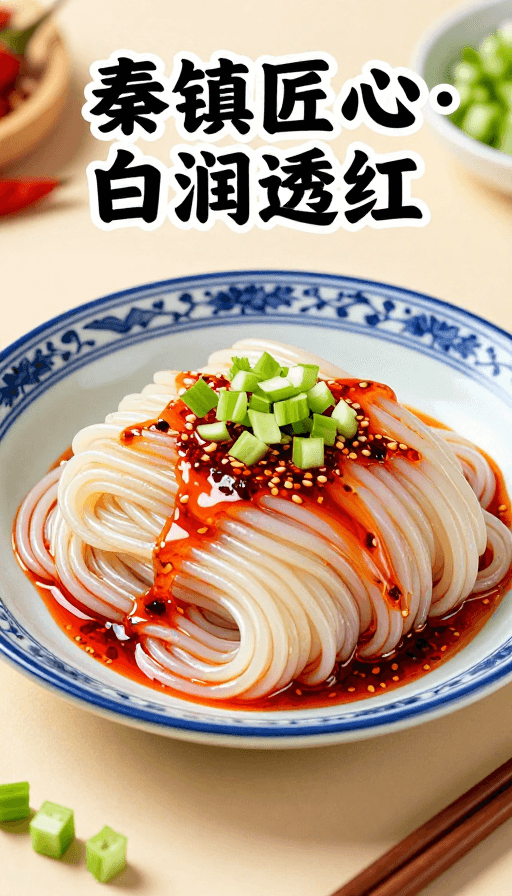 青花瓷盘素材：青花盘盛秦镇米皮，红油鲜香尽显匠心