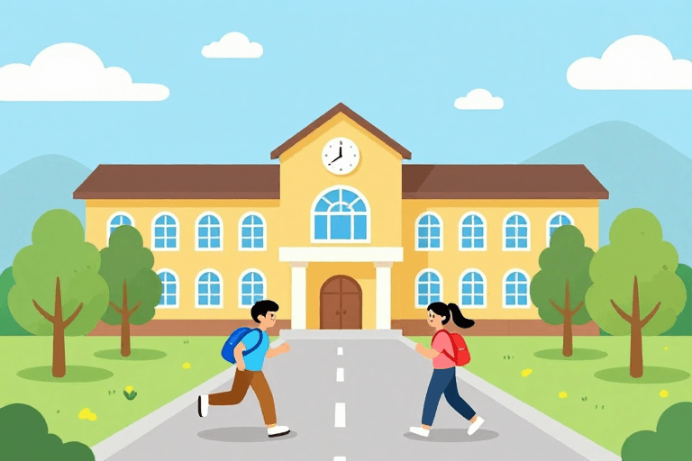 清新配色素材：清新校园扁平插画：阳光下的青春奔跑与学习时光