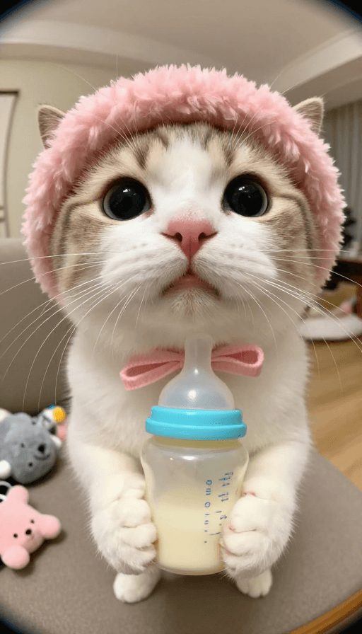 鱼眼镜头素材：猫咪萌态大特写：粉帽圆鼻的超写实可爱瞬间
