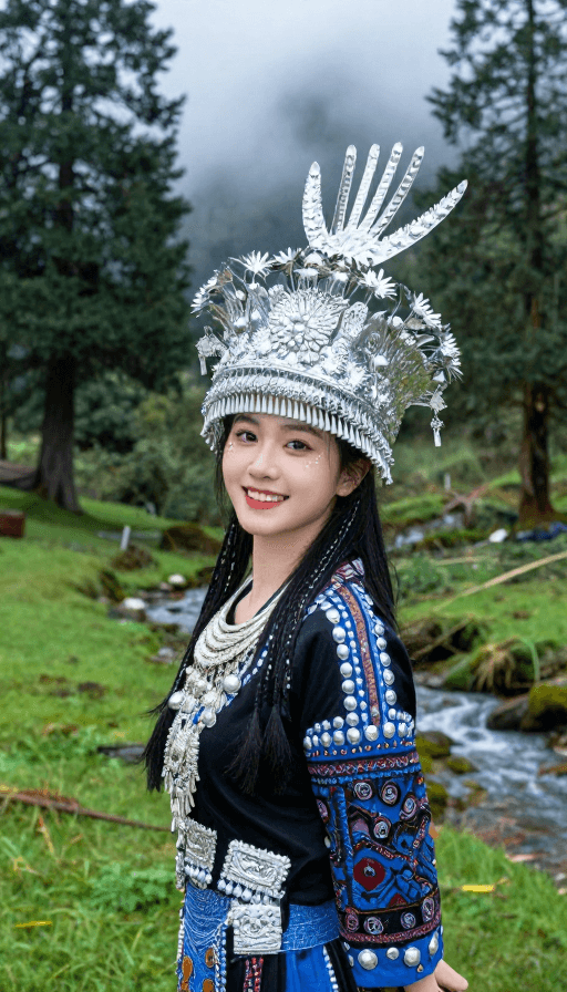 高对比度素材：蓝黑孔雀公主：高山森林中的民族精灵