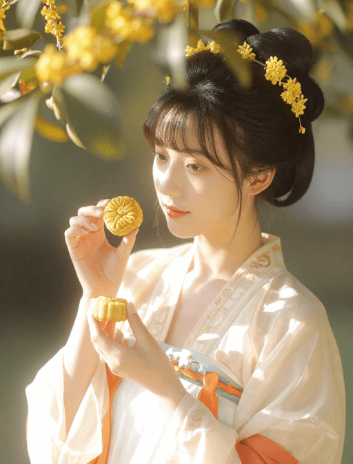 阳光光影素材：秋日暖阳下的唐代女子与桂花糕的温柔瞬间