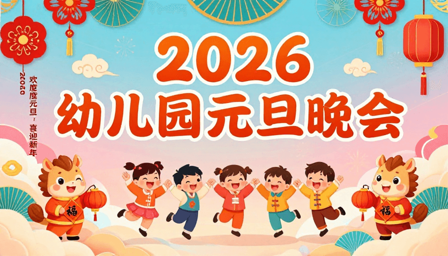 卡通儿童素材：2026元旦庆典：欢乐国风童趣插画海报